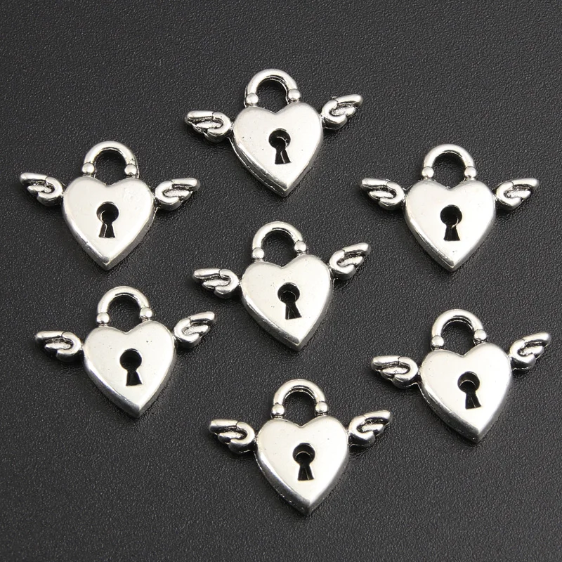 40pcs Silver Color 17x13mm Lovely Wings Lock Charms Angel Pendant Fit DIY Handmade Metal Alloy Jewelry Making Finding Supplies