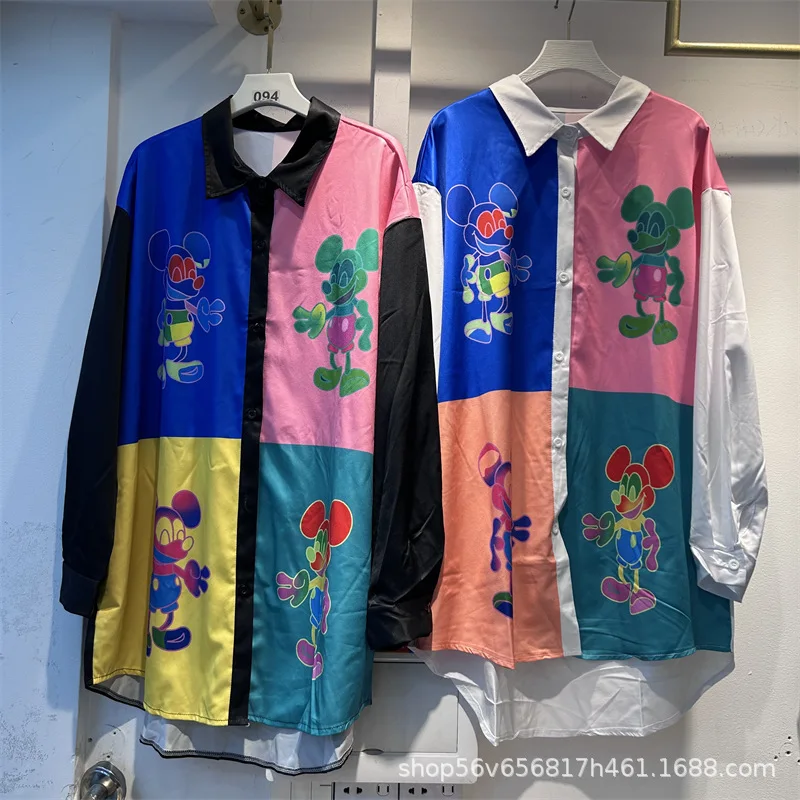 

Модные женские кардиганы с цветными блоками и принтом Микки, топ 2026, новые весенние универсальные однобортные свободные повседневные рубашки с длинными рукавами