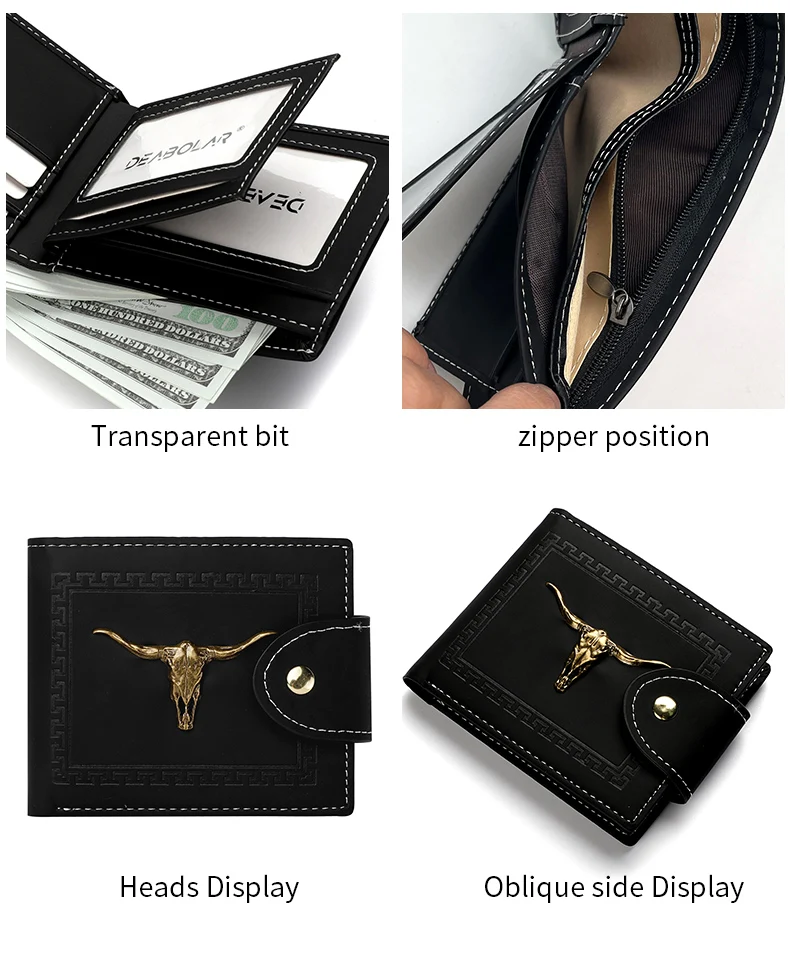 Neue Herren-Geldbörse, kurz, multifunktional, mit mehreren Kartenfächern, Metall-Bull-Label, Luxus-Geldbörse, Reißverschluss, Designer, kleine, schlanke Geldbörse – Detail 7