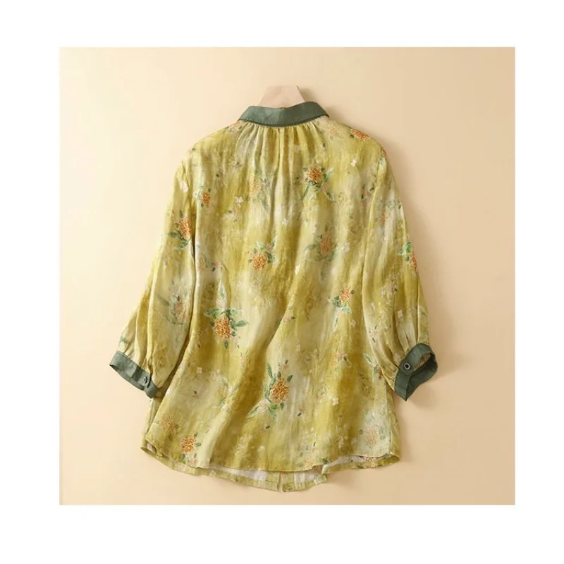 Women's Ramie Floral Shirt Single Breasted Thin Color Block Lapel Long Sleeve Top