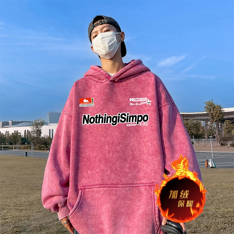 

Утепленная мужская толстовка-худи в американском уличном стиле, осенне-зимняя, винтажная, на флисовой подкладке