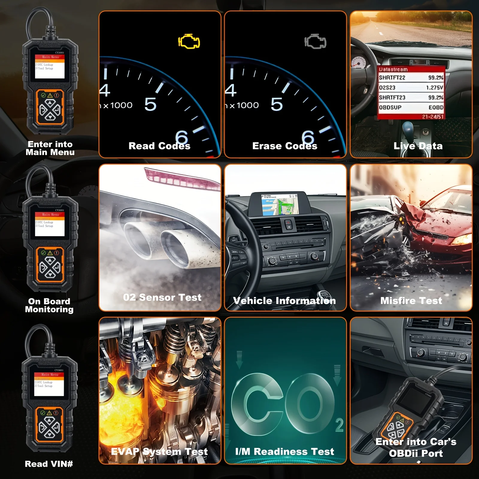 CY3001 OBD2 Scanner Diagnostic Tool, Car Engine Fault Code Reader, OBD II Code Scanner, Car Voltage Tester, Battery Charging Tes