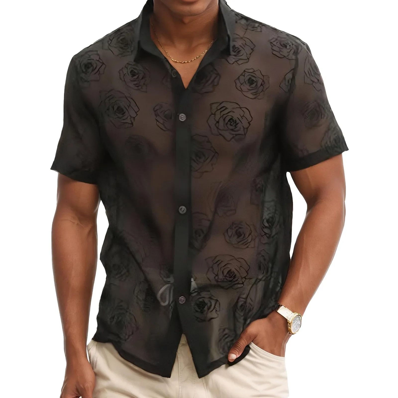 

T Shirt For Man Casual New Men'S Rose Floral Mesh Sheer Button Short-Sleeved Shirt Men'S Clothing Solid Color Polo Shirt 반팔셔츠 남성