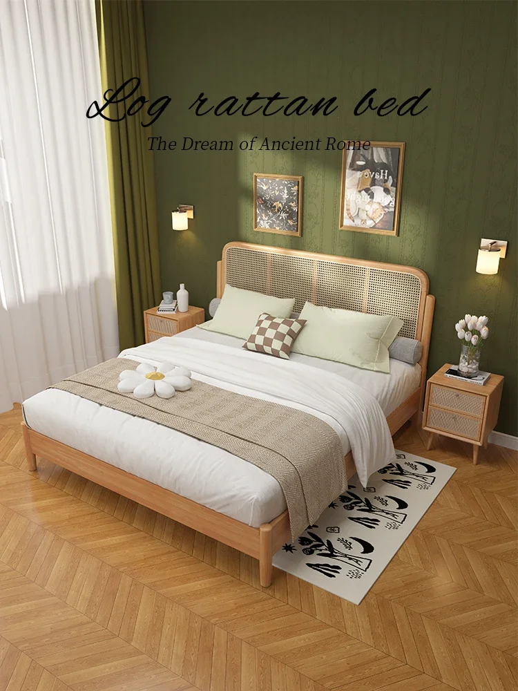 Nordic solid wood rattan bed modern simple 1.8m double bed 1.5m Japanese-style homestay wabi sabi retro wind rattan bed