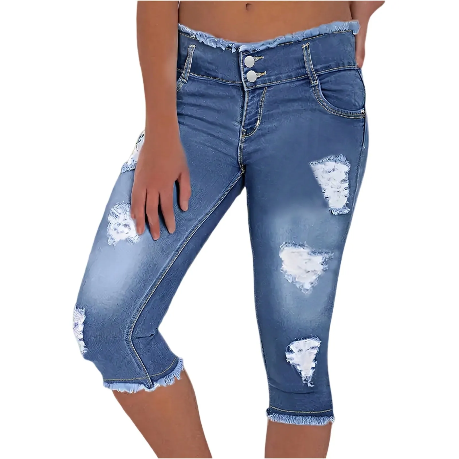 

Ripped Jeans Summer Street Tassel High Elastic Skinny Pants Mid Waist Five Points Pants Women Slim Hole Ladies Casual Shorts