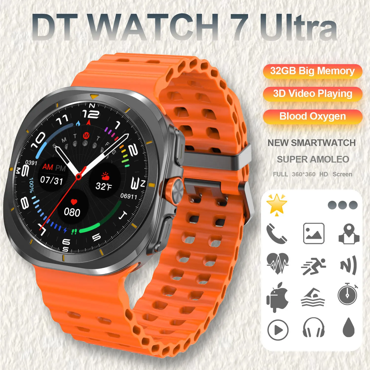 

DT Watch 7 Ultra 32GB Memory Local Music Bluetooth Call Compass 3D Menu Bluetooth Smart Watch for Men Women 2025 NEW