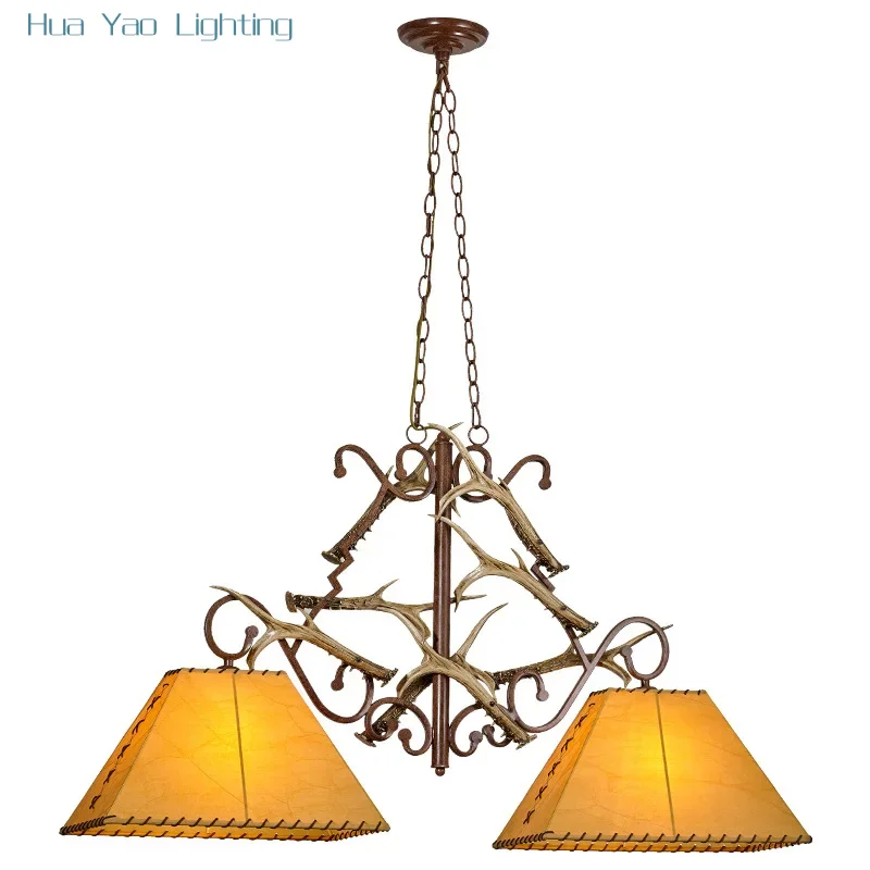 Asian Fusion Antler Chandelier Rustic Parchment Shade Light For Tea House & Dining, American Country Lodge Ceiling Lamp