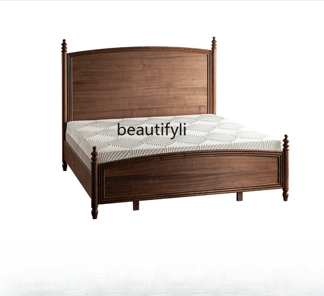 Solid Wood American Retro Double Bed North American Black Walnut Box Simple Master Bedroom Middle Ancient Bed