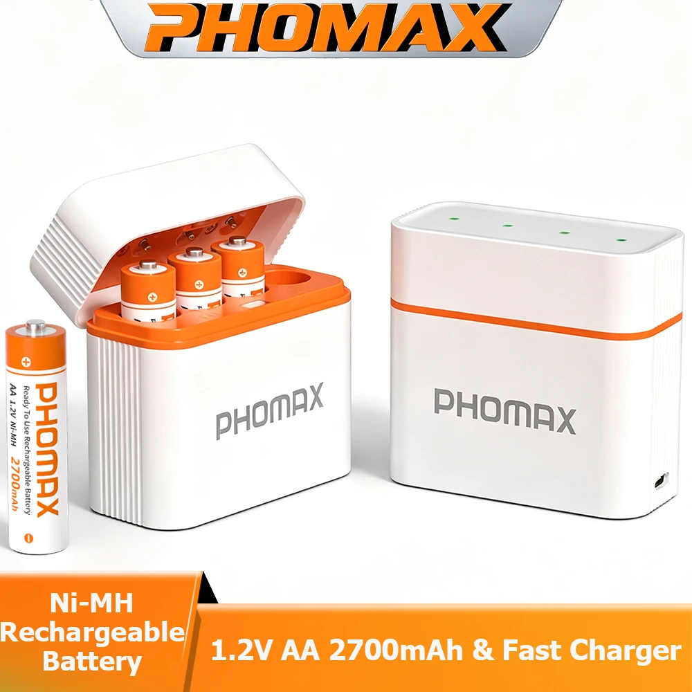 PHOMAX Smart LED 4-slots Fast AA Ni Mh Charger 1.2V 2700mAh Ni-MH Rechargeable Batteries For Remote Toy Clock Calculator Battery