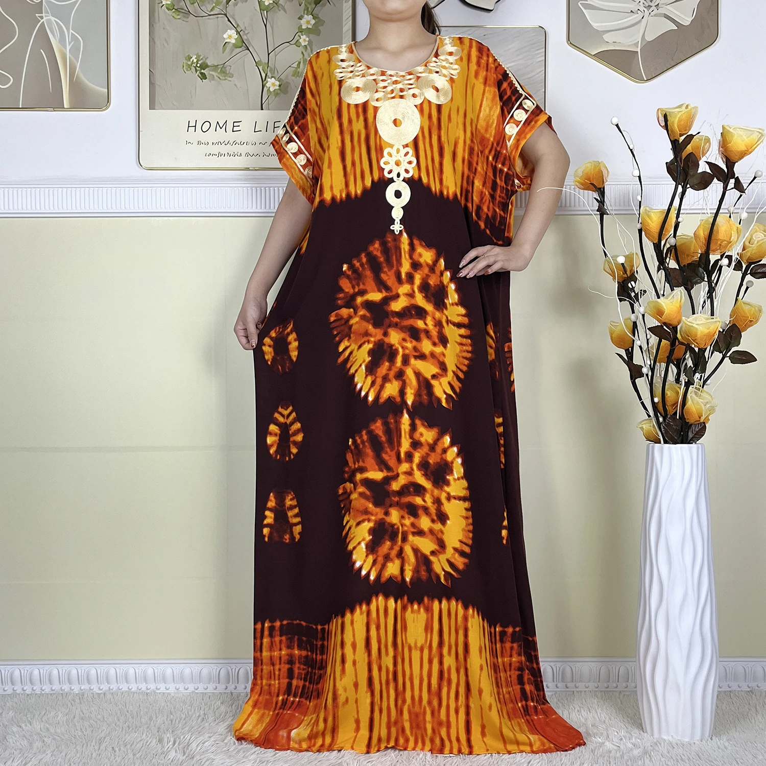 2024 New African Abaya Women Dashiki Evening Dress Pure Cotton Printing Loose Maxi Dubai Islamic Short Sleeve Femme Elegant Robe