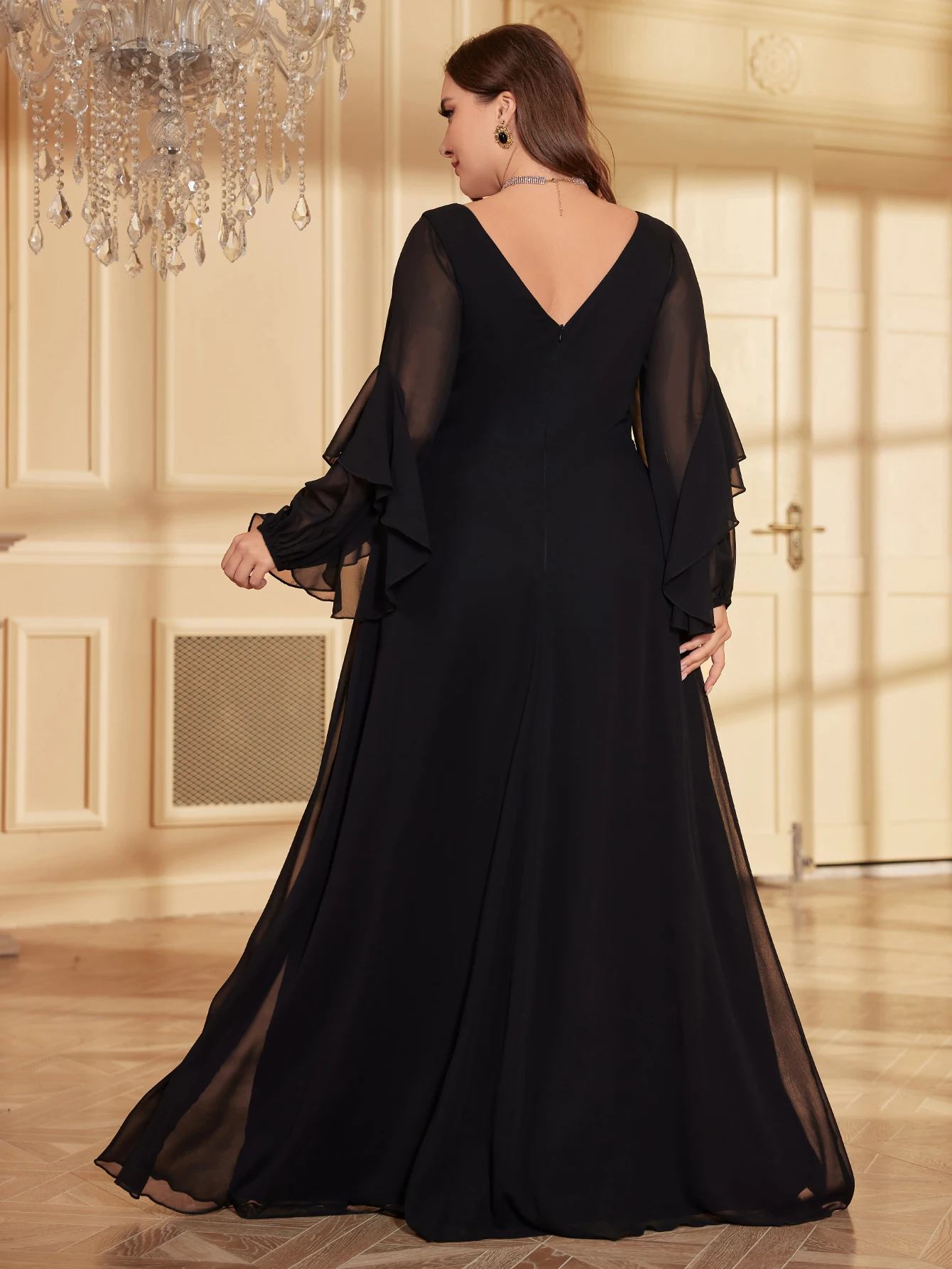 Unithorse Plus Size V-Neck Glittering Sequin & Chiffon Patchwork Lantern Sleeve Evening Dress