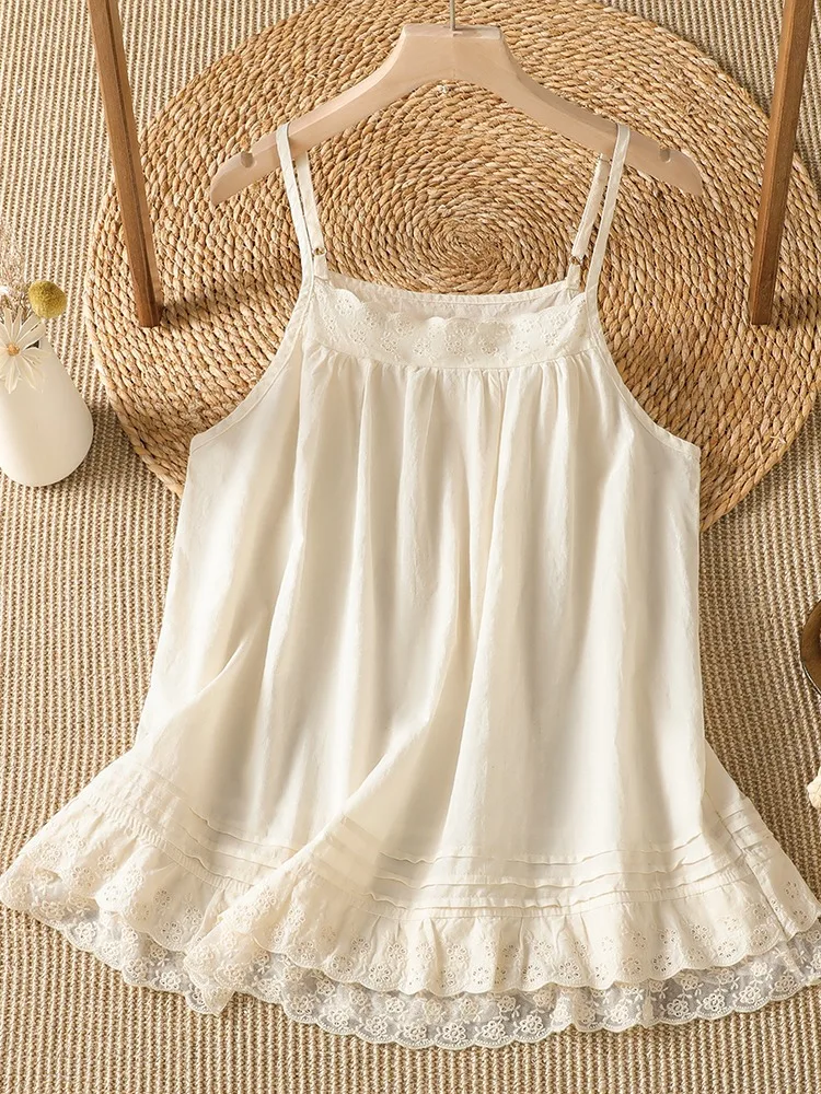 Summer  Style Women's Lace Strap Vest Loose Fit Base Layer Shirt Sleeveless Top Breathable Transparent Embroidery Design