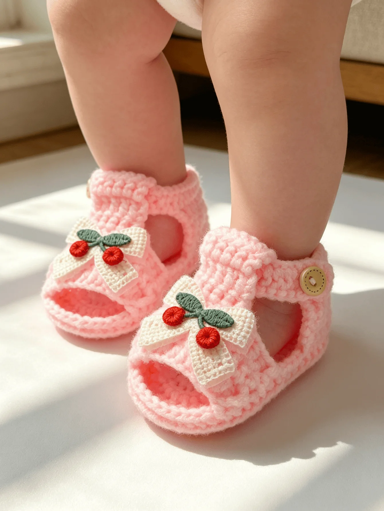 1 Pair Crochet Baby Girl Sandal Booties, Pink, Knit Infant Shoes with Cherry Bow Embroidery