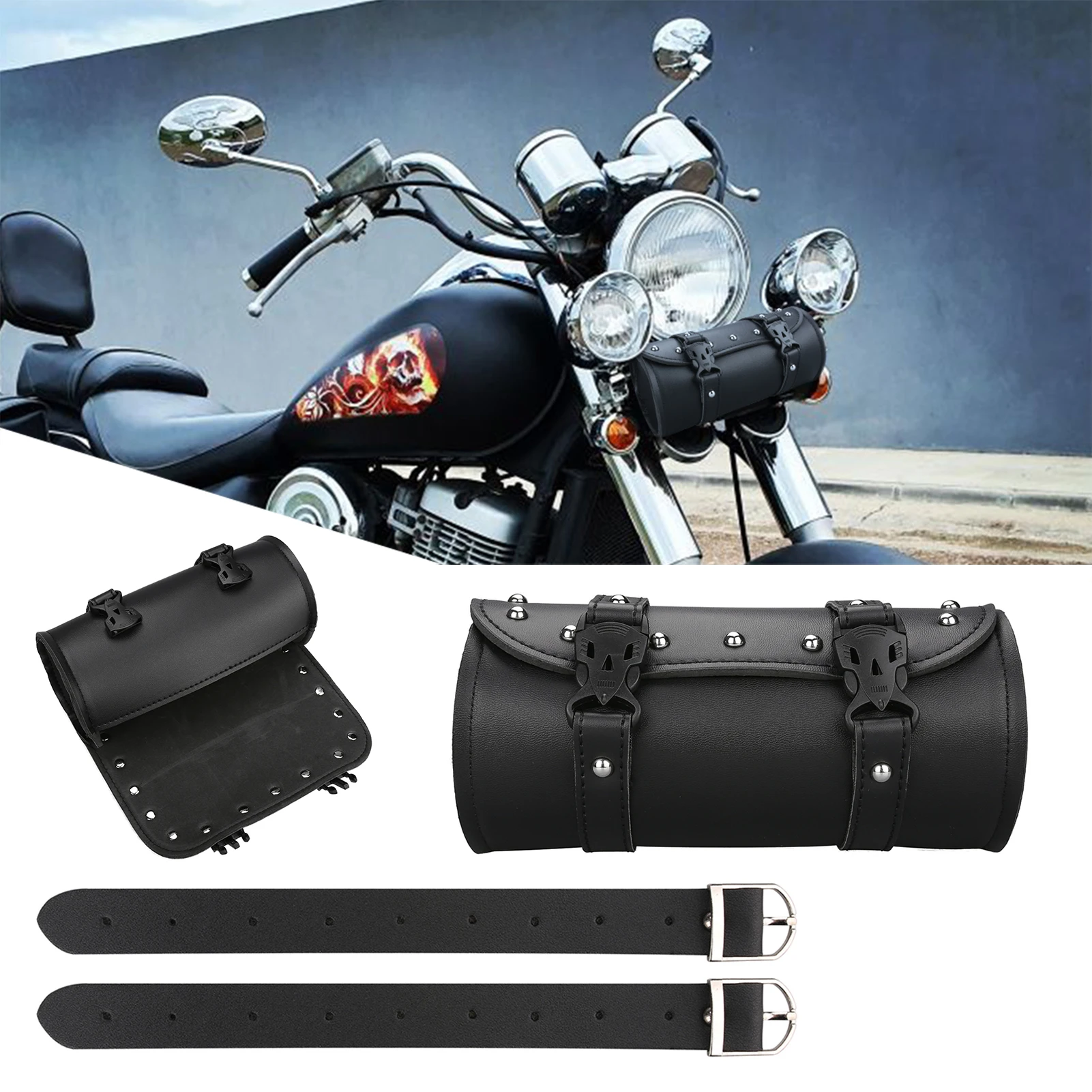 Motorcycle Front Fork Tool Bag Faux Leather Universal Handlebar Roll Bag Waterproof Fit For Harley Sportster Kawasaki Yamaha image 2