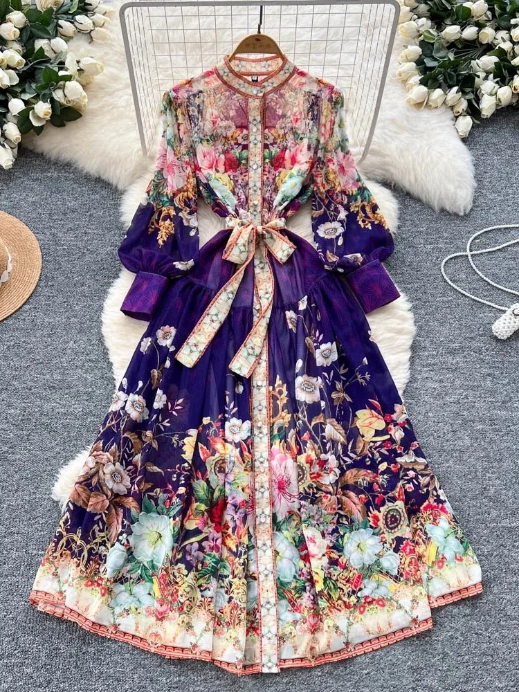 

Elegant Bohemian Floral Print Chiffon Maxi Dress Long Sleeve Party Dress for Women