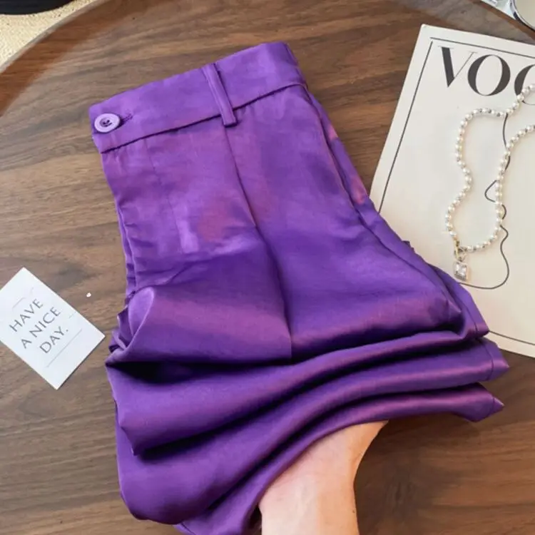 Summer new high waisted slim copper ammonia silk pants purple casual pants for women  clothes  women pants