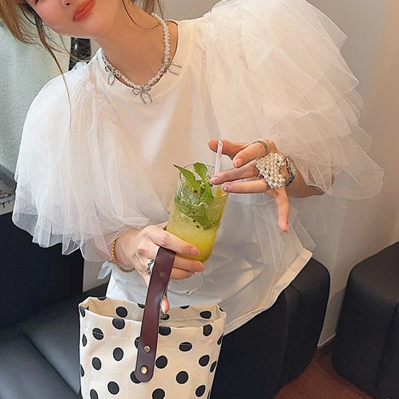 Design sense women's mesh splicing short sleeved cotton T-shirt fashionable women's top  women t shirt  crop top