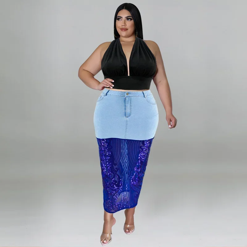 

KEXU Summer Sexy Women Plus Size V Neck Crop Tops High Waist Sheer Mesh Sequined Denim Patchwork Maxi Skirts Matching Sets