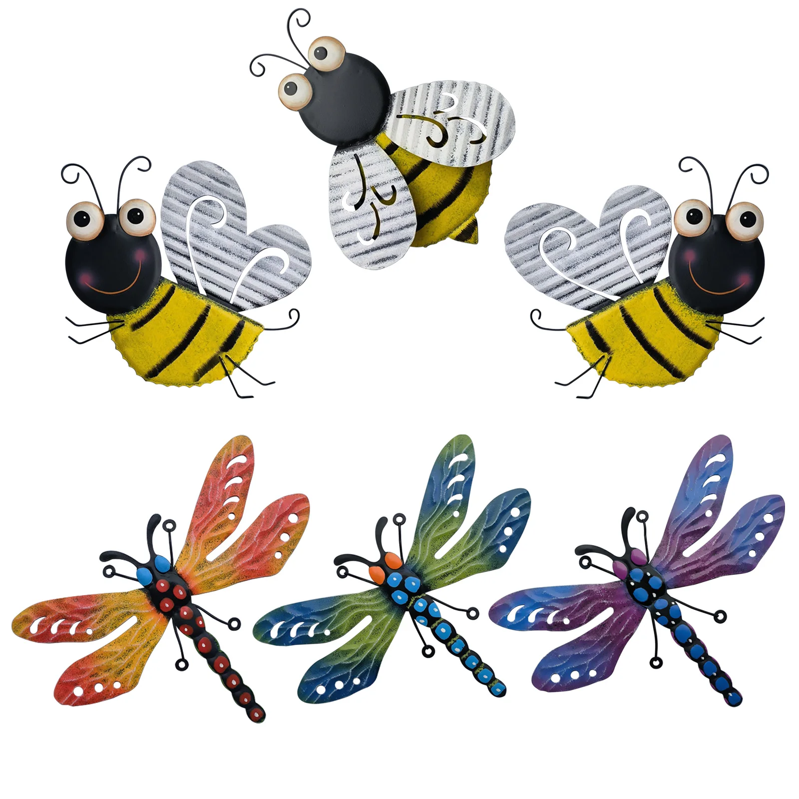 Metal Wall Decor Garden Ornament Iron Dragonfly Bee Shape Weatherproof Coating For Garden Patio Fence Wall Multicolor