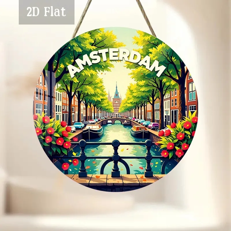 2D Flat - 1pc Wooden Panel Artwork Depicting an Amsterdam Scene, Featuring a Round Wall Decoration of a Canal View with Tree-Lin