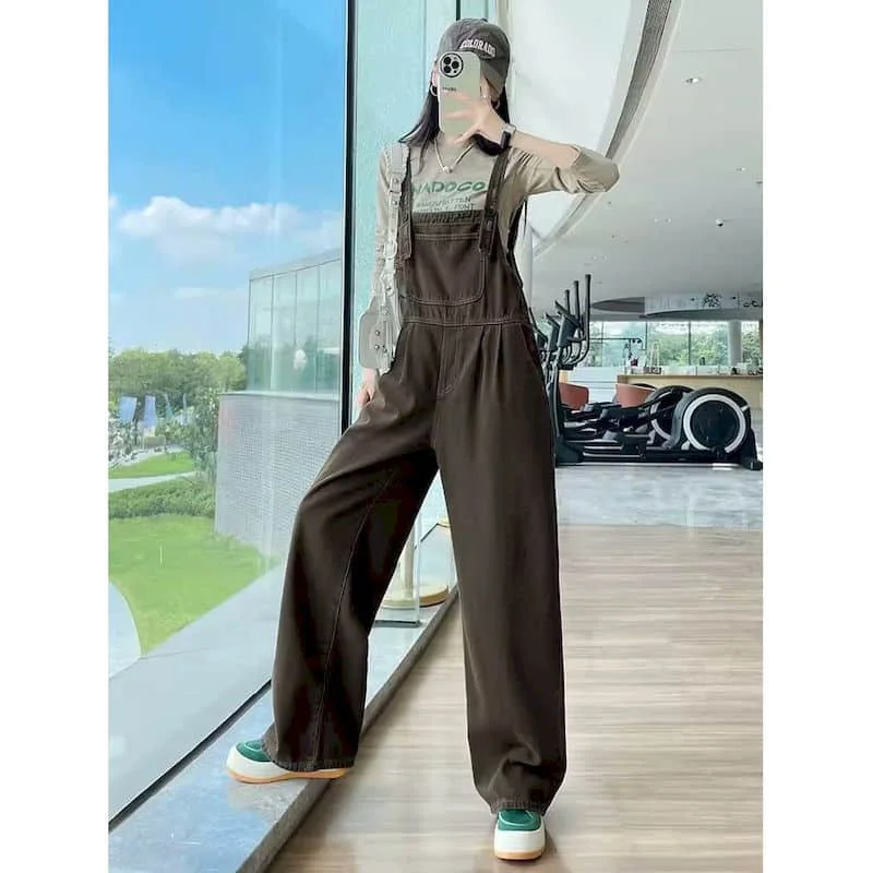 Denim Jumpsuits for Women American Style High Waisted Rompers Workwear Full Length Vintage Playsuits Straight Wide Leg Pants