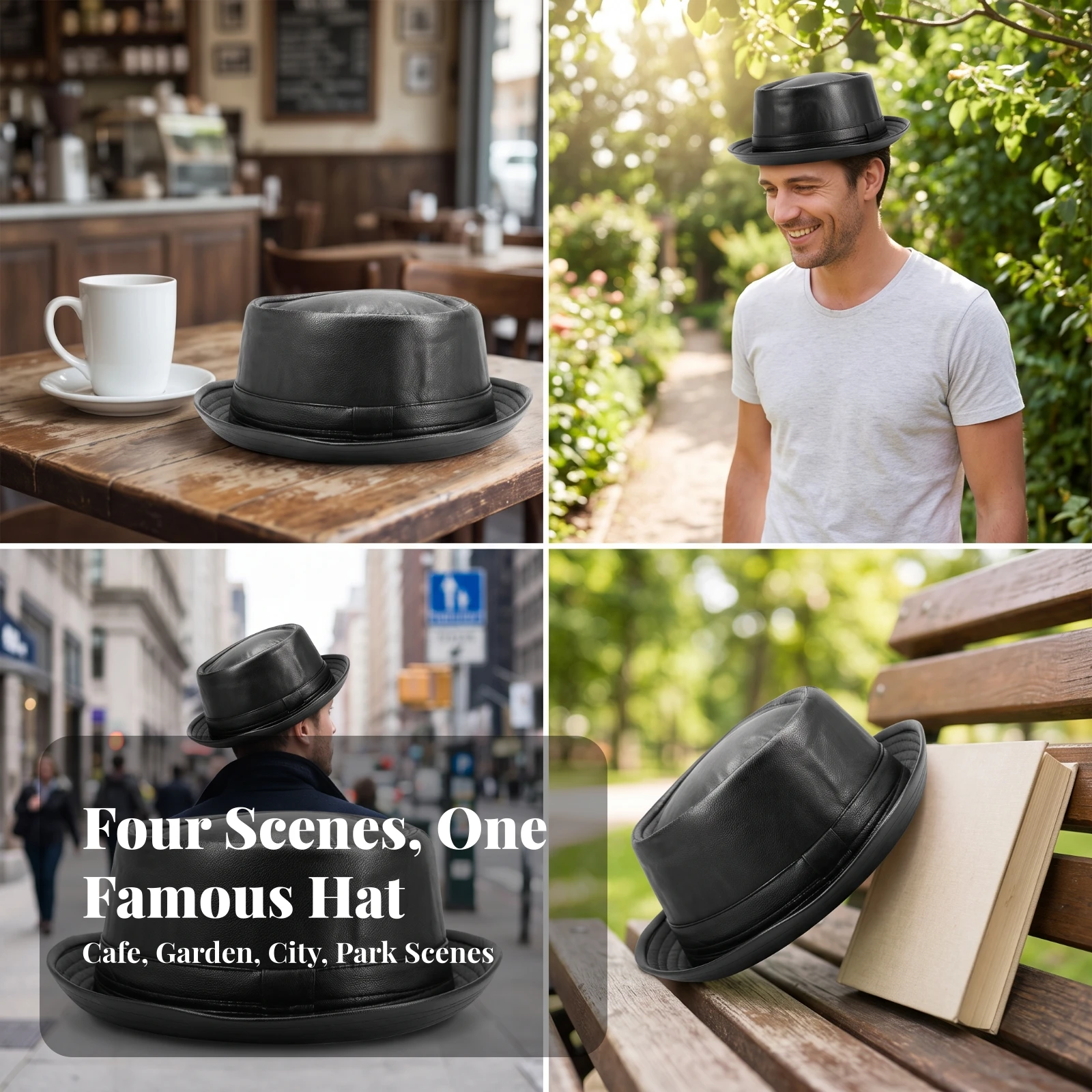 Short Brim Fedora Classic Low Crown Fedora Leather-Look Hat Trendy Elegant for Men, Streetwear, Casual Outings