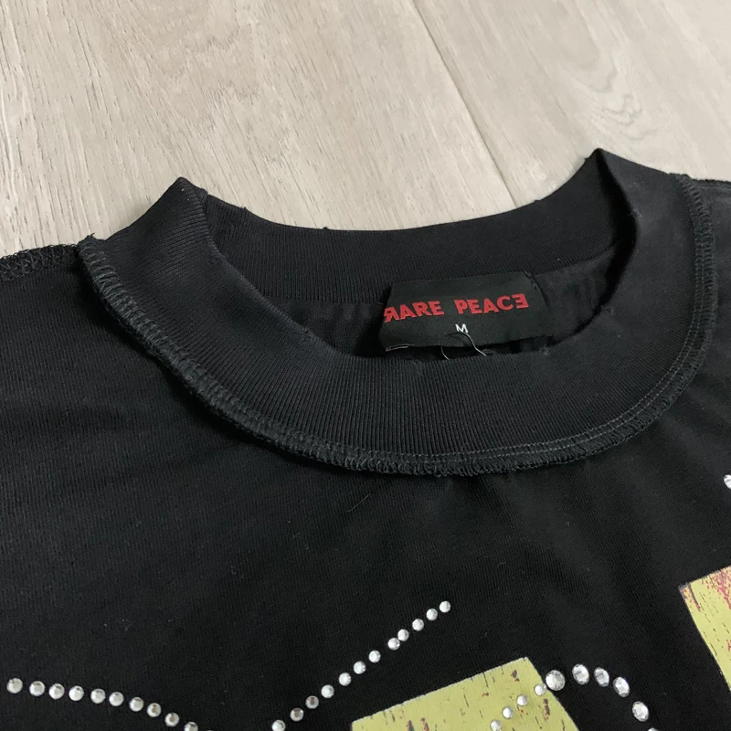 Oversize Hiphop Street Tees Summer Cotton RARE PEACE Tshirts Save Our Souls Cutting Short Sleeve Rhinestone Black Tops Men Women