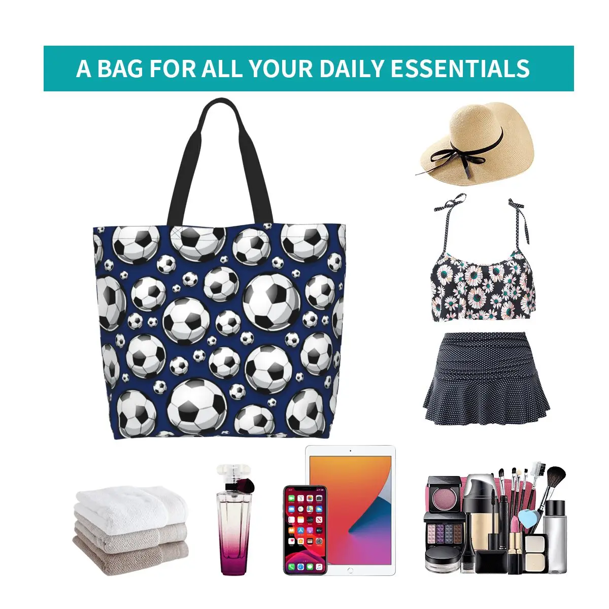 Soccer Ball Balls Pattern Blue Football Sport Sports Shopping Tote Bag Canvas Shoulder Bags Shopper Grocery Handbag for Women