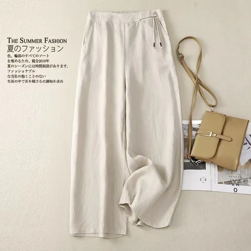 Summer Women Casual Yellow Pants Cotton Linen High Waist Loose Fit Trousers Beige Straight Cut Wide Leg Pants Navy Blue Solid