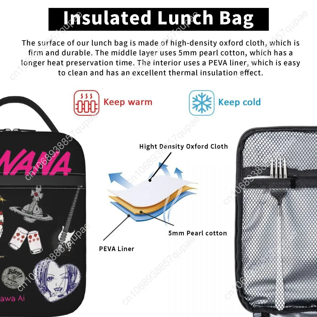 Nana Osaki Anime Insulated Lunch Bags Cooler Lunch Container Leakproof Lunch Box Tote Food Handbags Beach Picnic