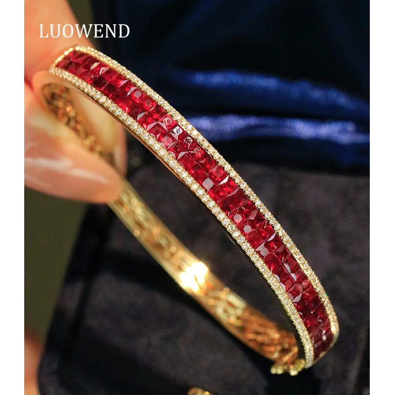 LUOWEND 100% 18K Yellow Gold Bangle Luxury Elegant Design Shiny Diamond Natural Ruby Bangle for Women High Party Jewelry