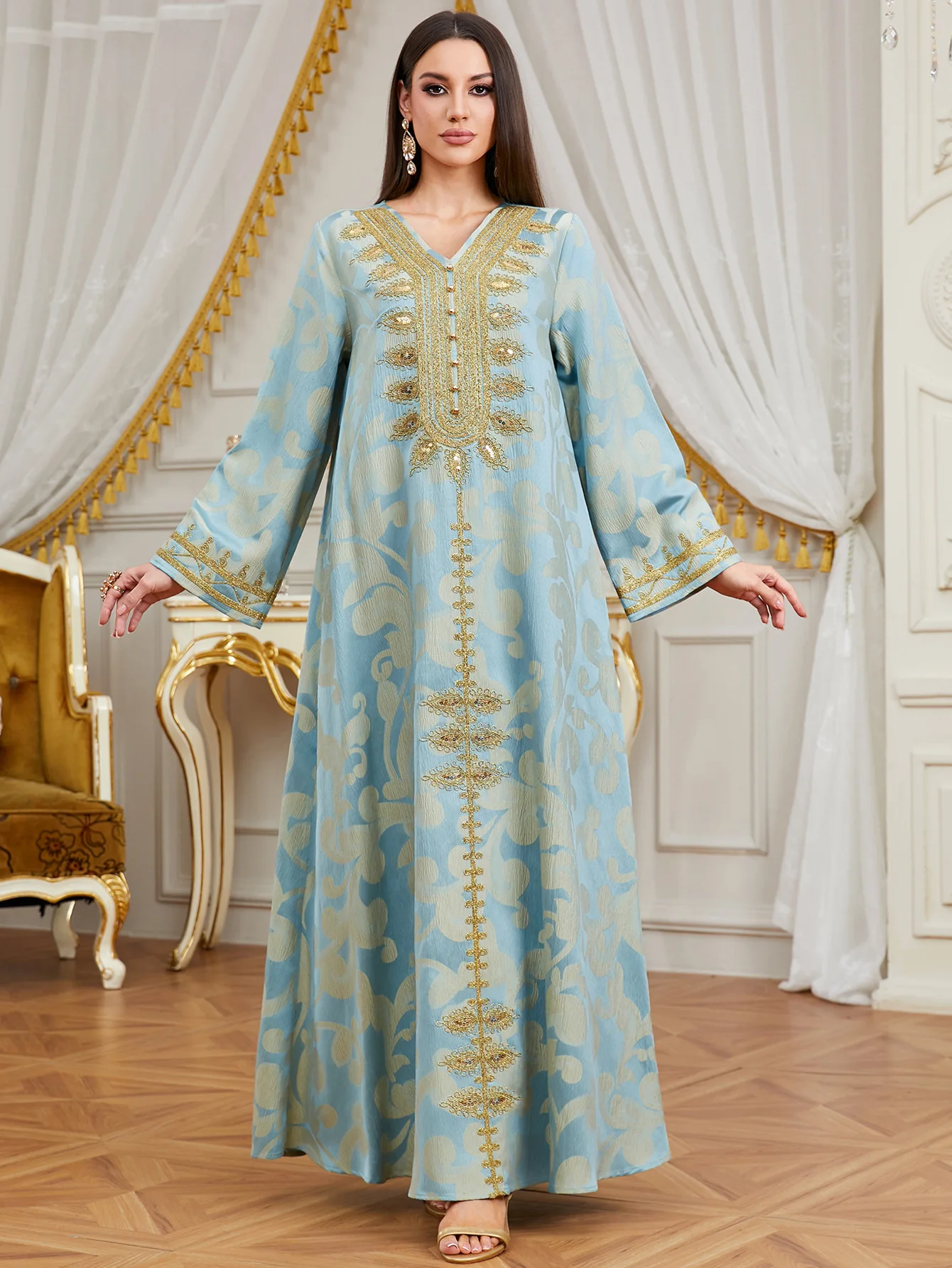 Dubai Women V Neck Long Sleeve Abaya Gold Embroidery Jacquard Maxi Dress Muslim Evening Kaftan Gown for Wedding Party Banquet