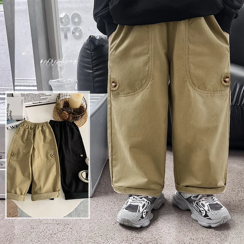 Boy Pant Cool Children Autumn Wear 2024 Children Wear Korean Style Fashion Baby Casual Pants Solid Color Nail Button Boy Pants