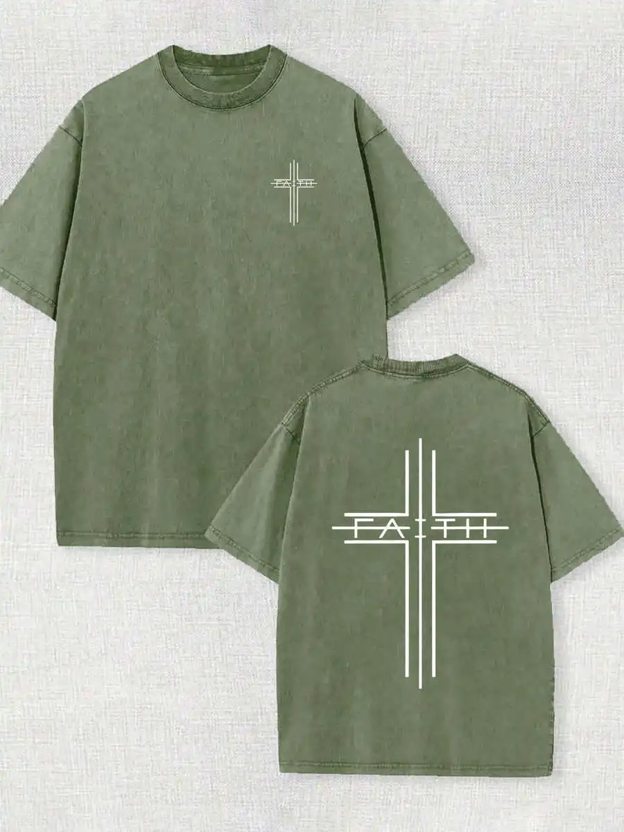 

230g Washed Cotton Cross Print T-Shirt Men Casual Round Neck Short Sleeve Retro Beach Tee