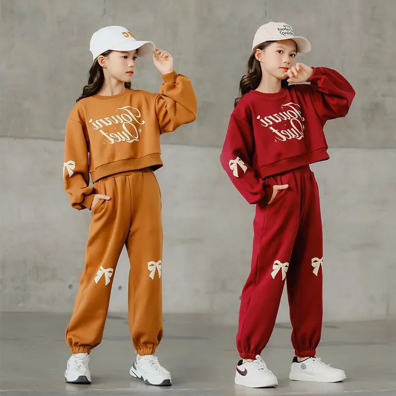 

2023 autumn winter Kids tracksuit Children set Girls Clothes crop top letters hooded T-Shirt + wide leg Pants Teenager 4 12 year