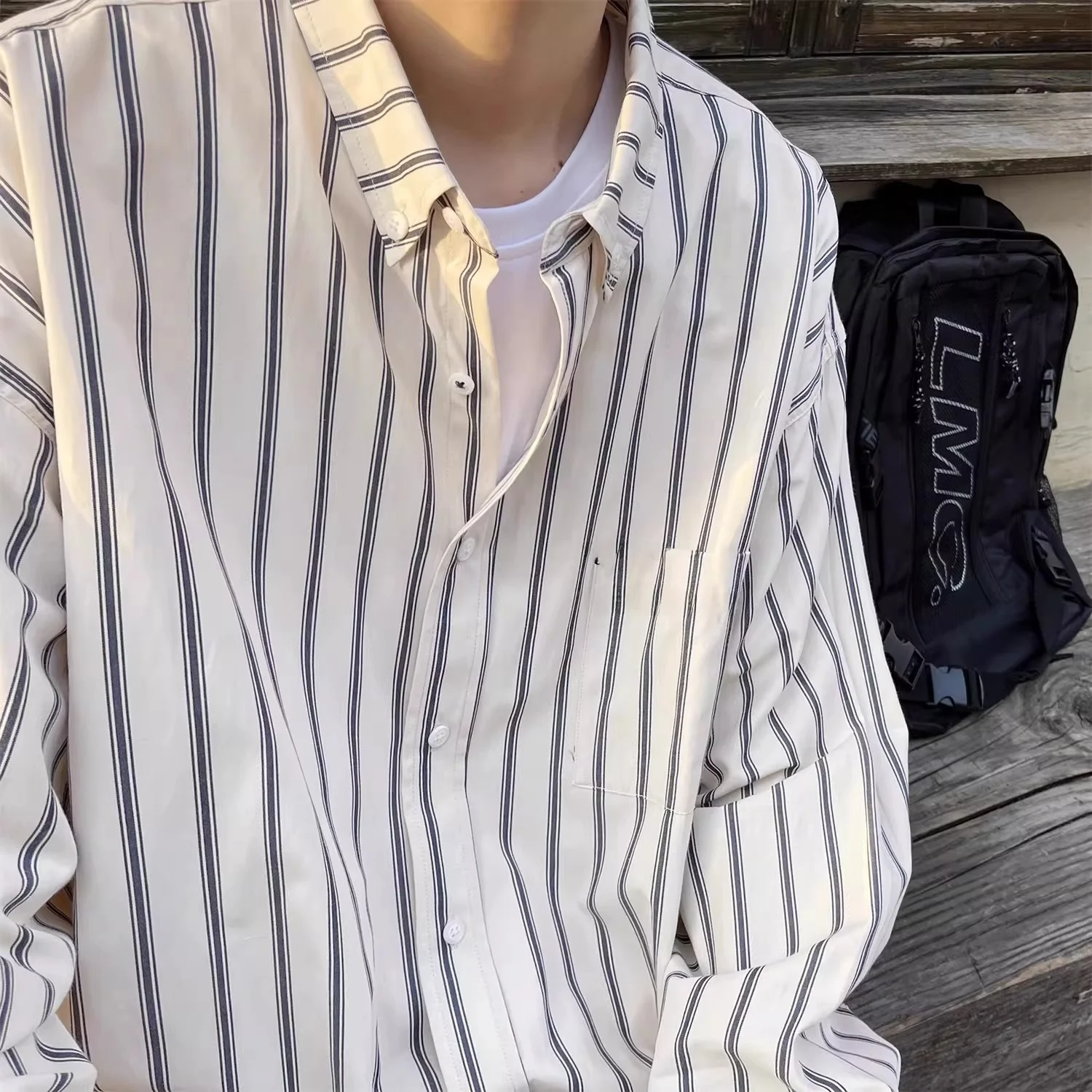 Summer Large Size Striped Long Sleeve Men's Shirt Loose Youth Casual Style Polyester Fiber Warmth Outerwear Jacket for Teens
