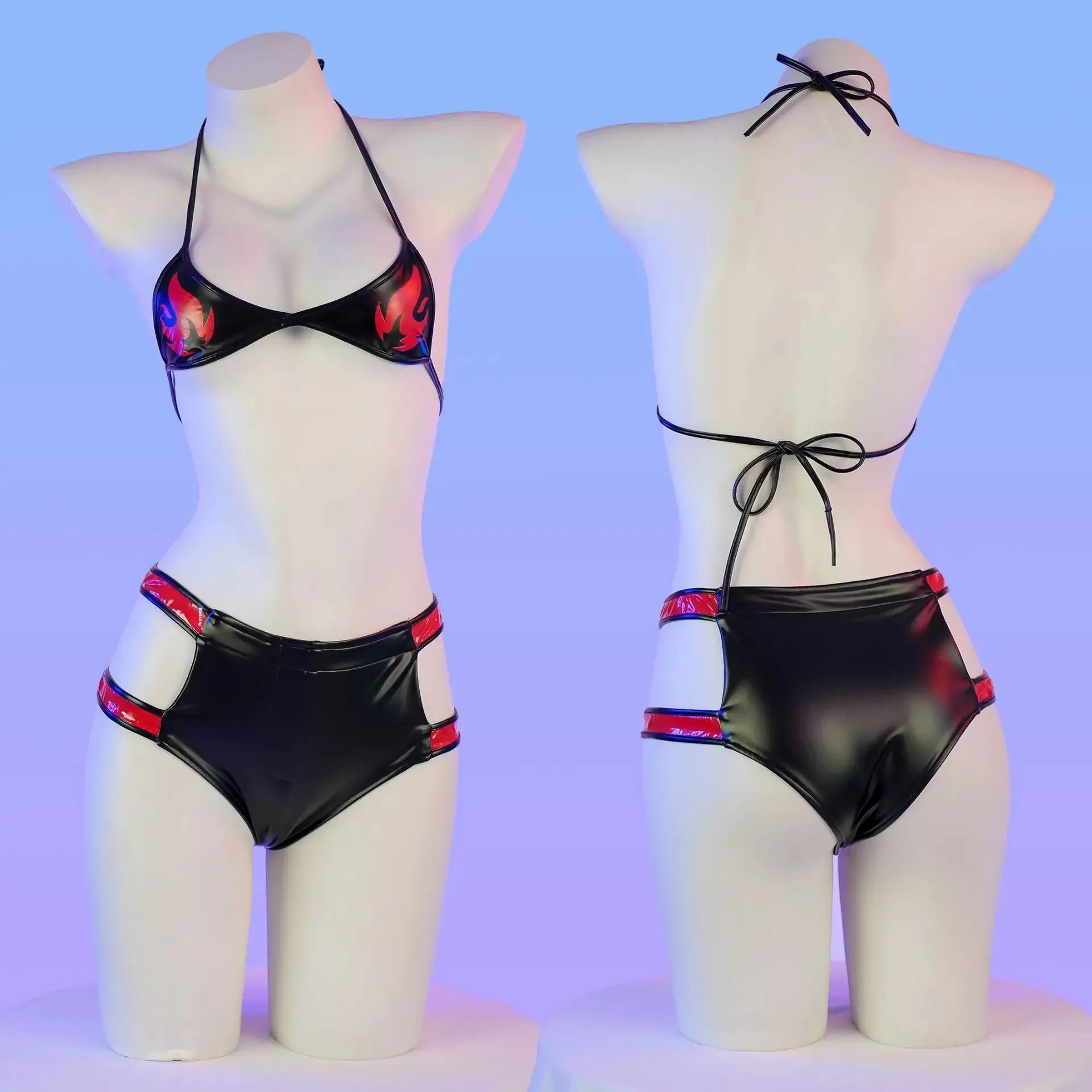 

Sexy Bondage Bikini Set with Paint Leather Print Private Label Lingerie Sleepwear Color Collision Temptation Passion Pajamas