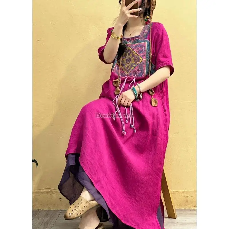 2023 summer chinese ethnic style embroidery linen dress short sleeve square collar long vintage dress women national dress s284