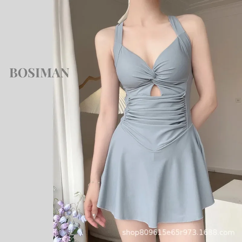 Traje de baño bonito y dulce con cuello colgante para mujer, ropa de playa Sexy de una pieza, traje de baño, vestido de playa, traje de baño, conjunto de Bikinis de cintura alta para niñas