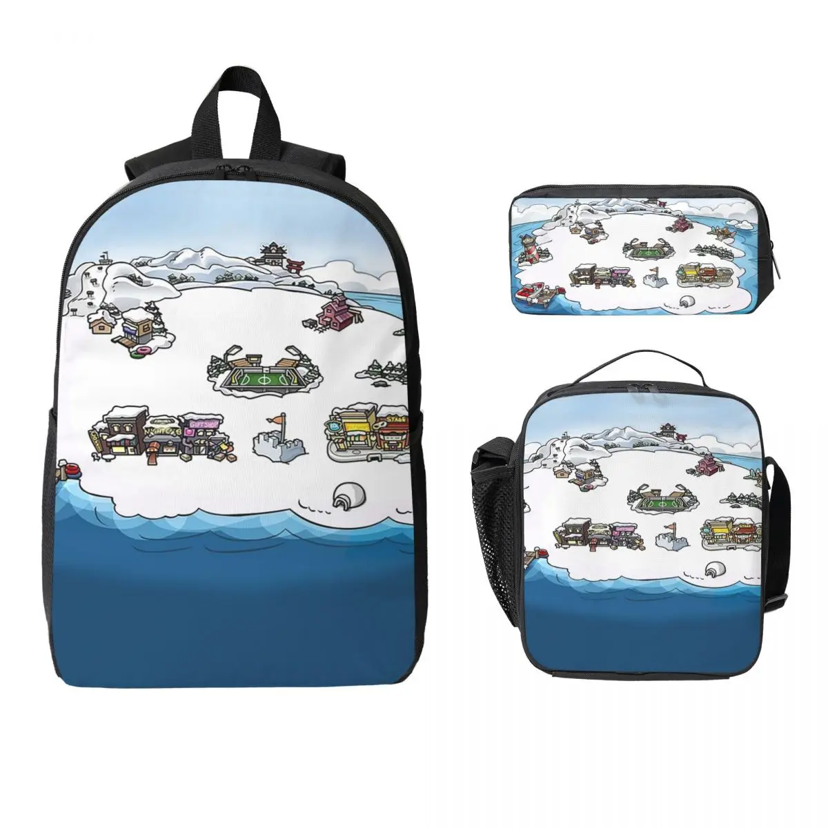

Club Penguin M Backpack Student Boys Girls BookBag School Bag Laptop Shoulder Bags 3ps Insulated Lunch Bag Pencil Case