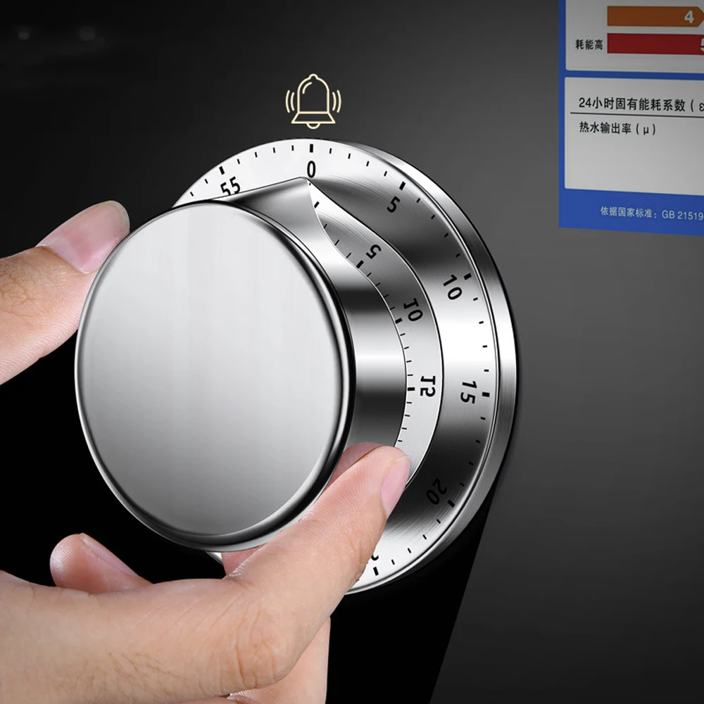 60 Minutes Kitchen Timer with Magnetic Base Kitchen Gadget Cooking Tool Stainless Steel Manual Knob Kitchen Timer Reminder Alarm