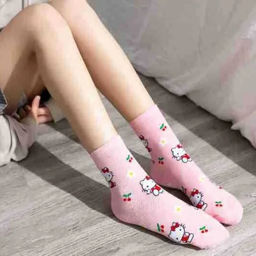 Japanese Sanrio Cartoon Socks Cute Hello Kitty My Melody Mid Length Women's Socks Sweat-Absorbing and Odorproof Cotton Socks