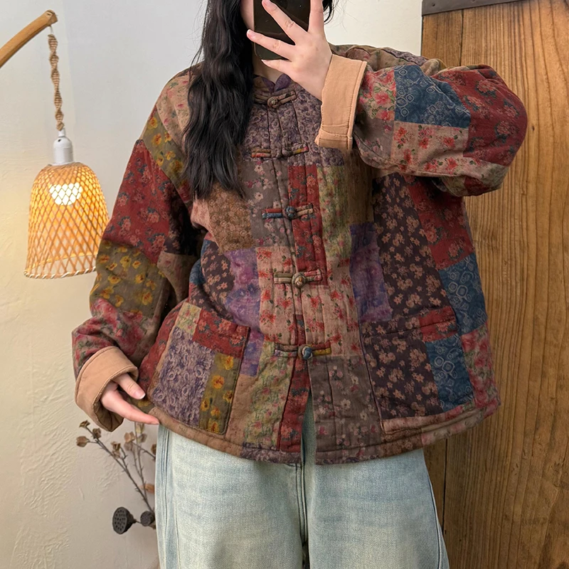 

New Arrival Winter 2025 Women Vintage Dot Patchwork Single Breasted Long Sleeves Cotton Parkas Casual Loose O-neck Coats H109