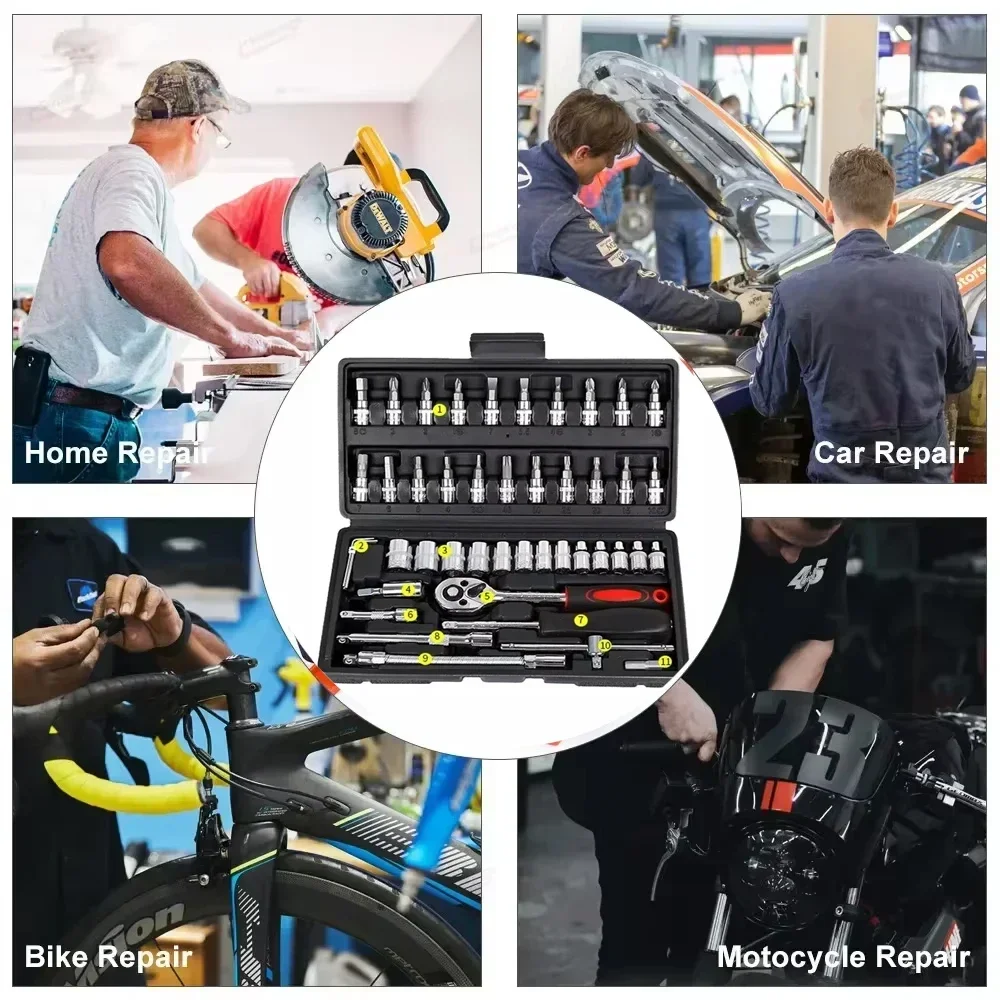 Motorcycle 46pcs 1/4 Inch Drive Socket Ratchet Wrench Set Complete Car Repair Kit for Auto and Bicycle Maintenance Tools amagi