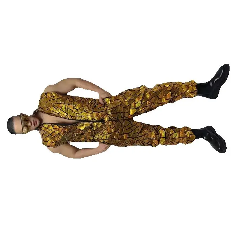 Mono de espejo láser para fiestas, espectáculos, bares y discotecas, disfraz de actuación en escenario, mono de baile de jazz y hip hop, pantalones cargo con lentejuelas doradas