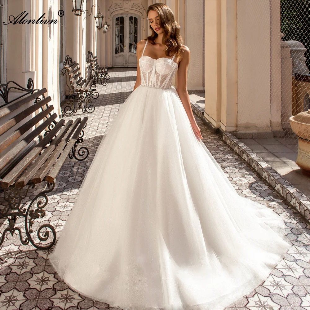 

Alonlivn Simple Bling Lace A-Line Wedding Dress With Spaghetti Straps Sweetheart Bridal Gowns