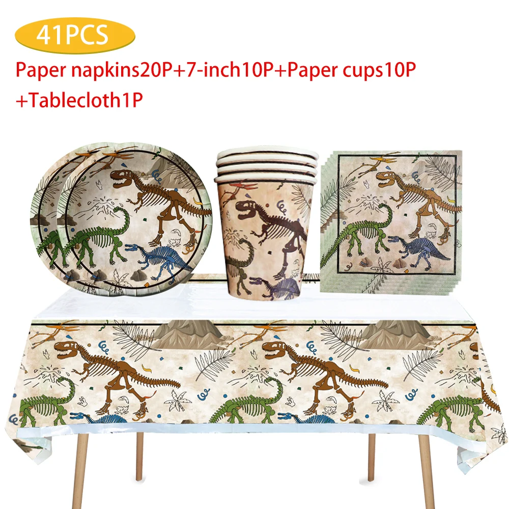 40/41/51/60 pcs Dinosaur fossil-themed party supplies Disposable plates Paper towels Paper cups tablecloths fork sets cutlery de