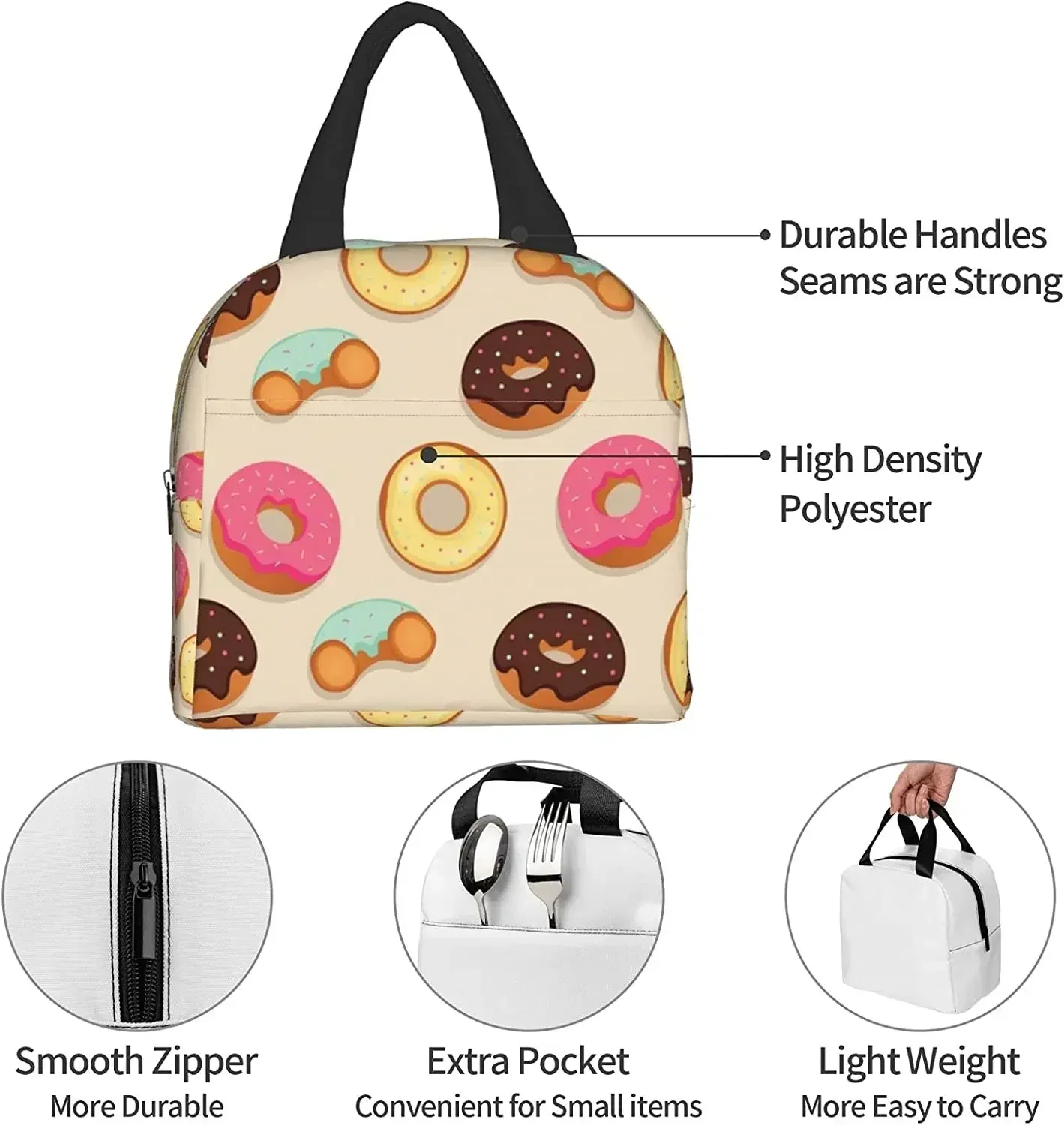 Funny Donuts Thermal Lunch Bag for Women Girl Insulated Cooler Lunch Box Containers for Adults Tote Bag Portable for Work School