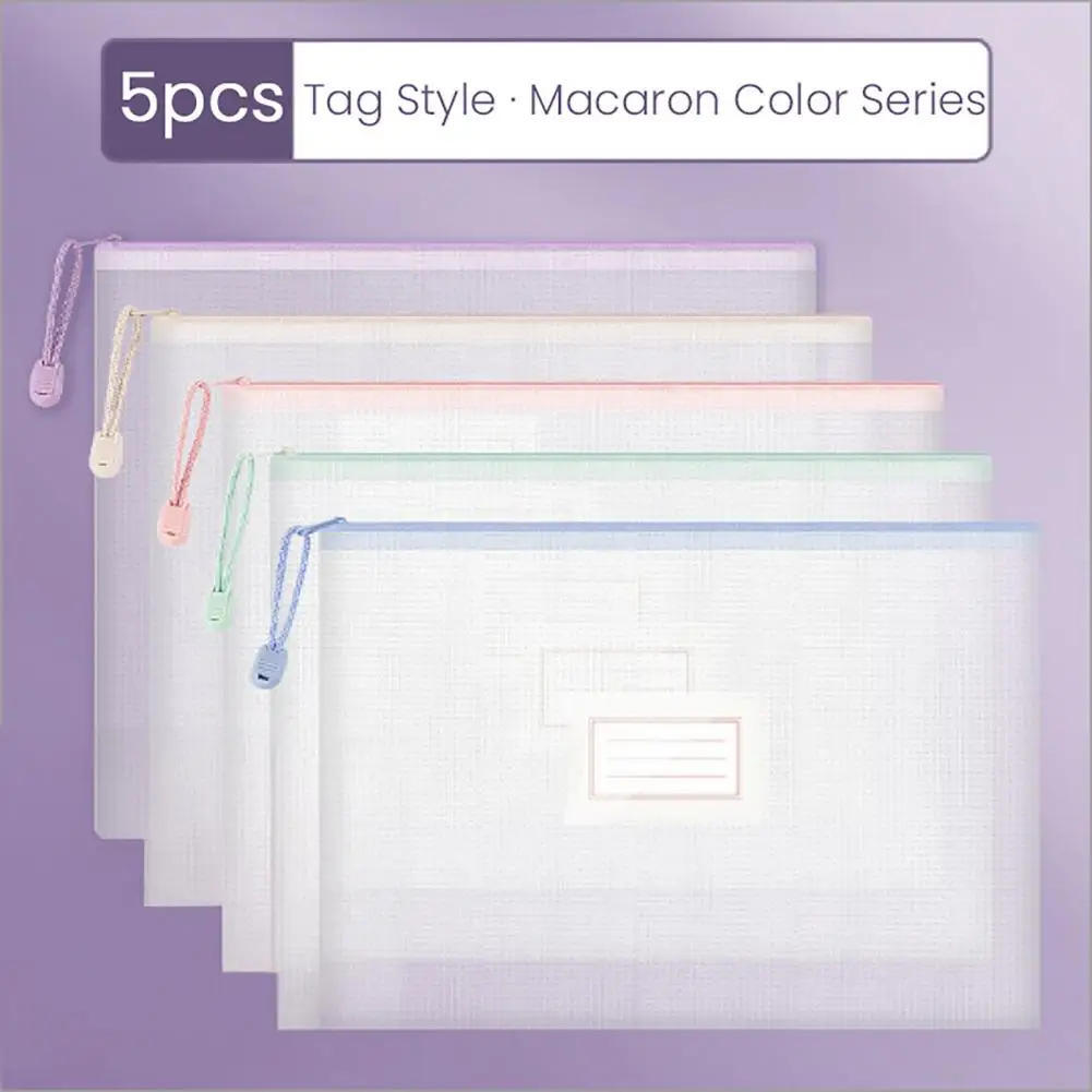 5 Pcs Mesh Zipper Bag A4 Letter Size Document Pouch Clear Plastic Waterproof Mesh Stationery Pouches Office School Supplies