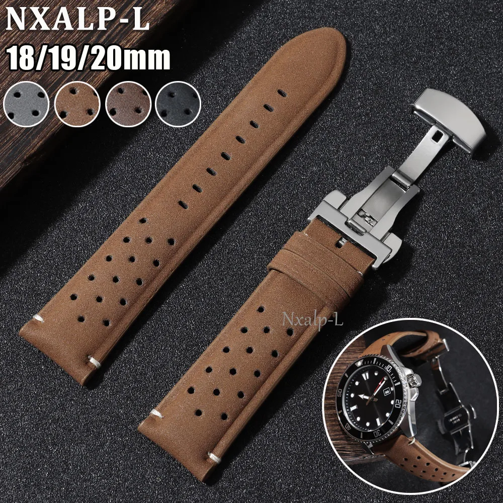 Butterfly Buckle Wristband Leather Watch Band 18 20mm 22mm for Seiko for Omega Strap Breathable Porous Men Women Sports Bracelet